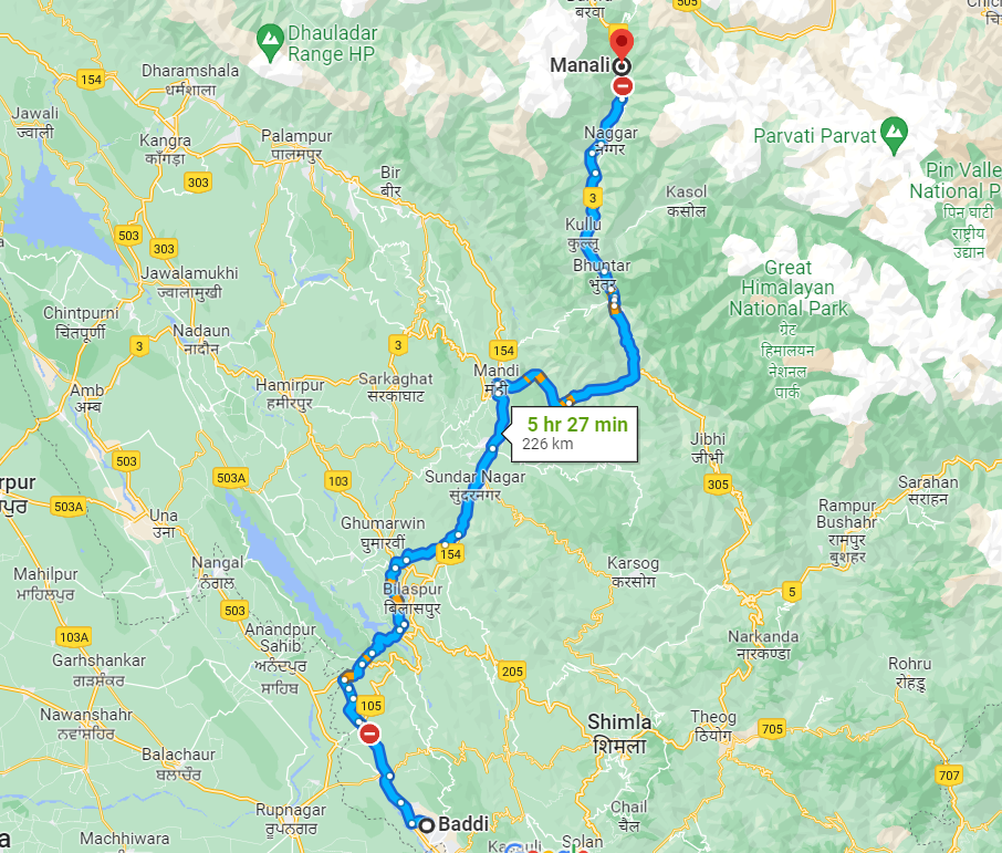 Baddi to Manali  route map