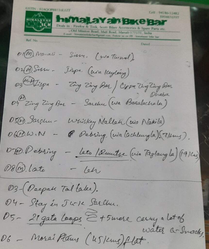 Leh to Manali handwritten cycling route , by the Himalayan Bike Bar owner